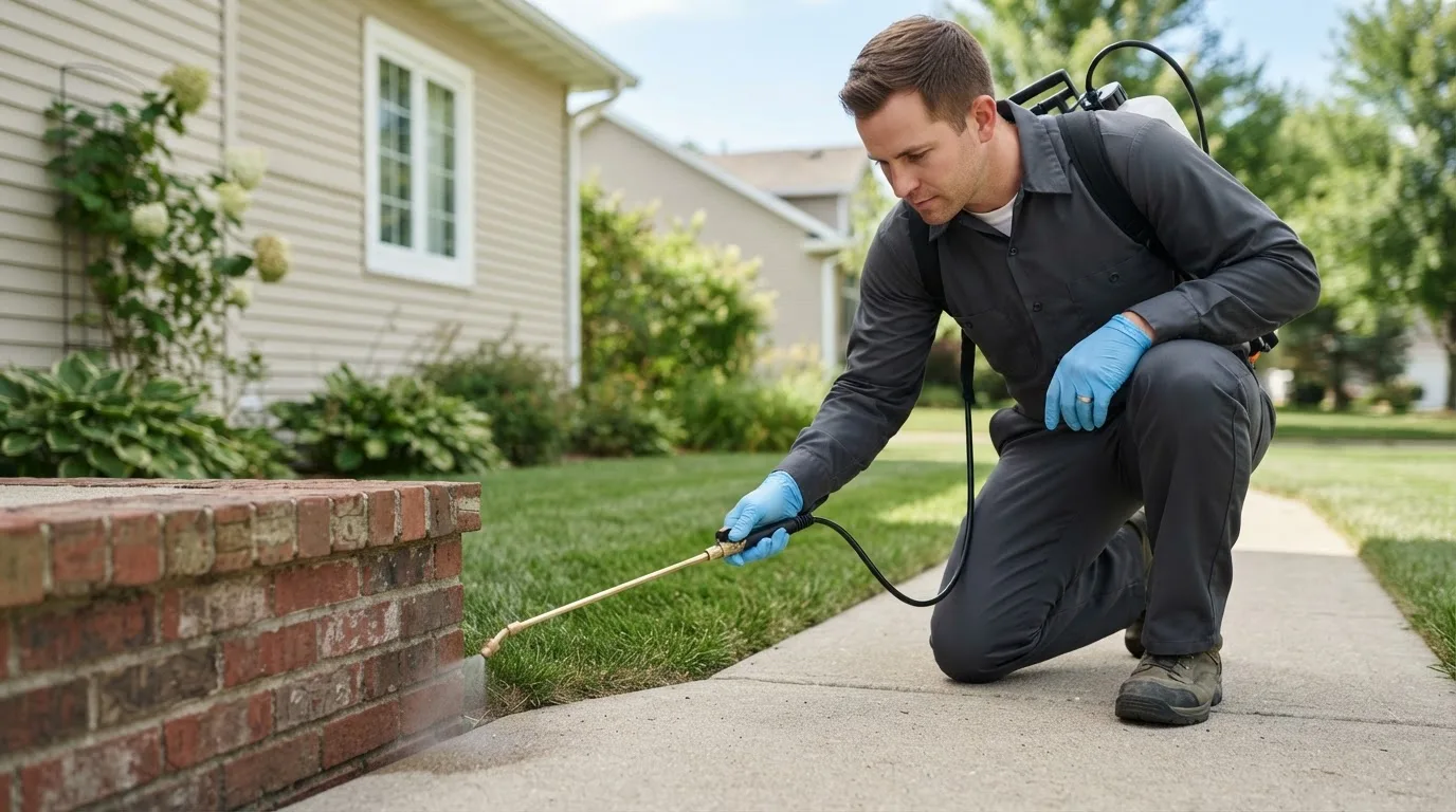 Pest control technician treating a home near Dearing, KS