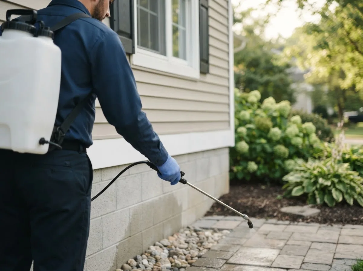 Pest control technician inspecting a home in Dearing, KS